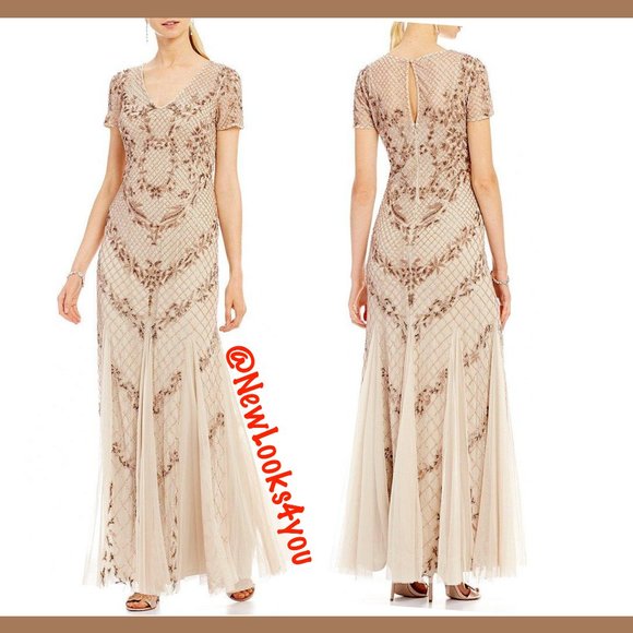 NWT $379 Adrianna Papell Beaded‎ Mesh Mermaid Gown Floral Biscotti [SZ 8 ] - Picture 3 of 12